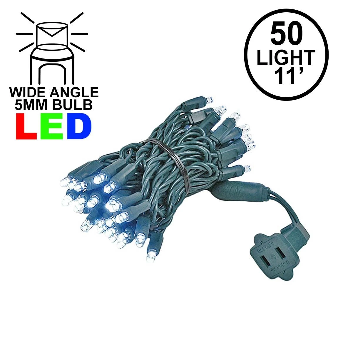 50 LED Pure White LED Christmas Lights 11' Long On Green Wire 3 50 LED Pure White LED Christmas Lights 11' Long On Green Wire
