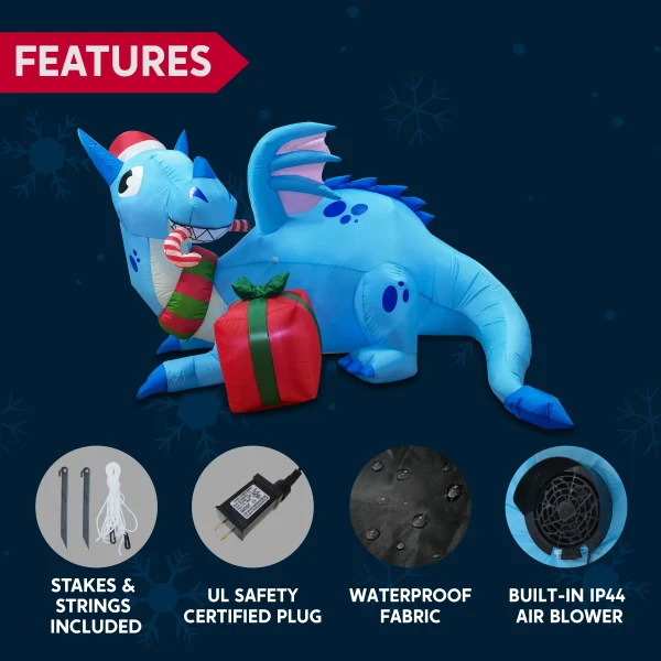 6ft LED Blue Christmas Inflatable Dragon Guarding Gift 8 6ft LED Blue Christmas Inflatable Dragon Guarding Gift - Image 6