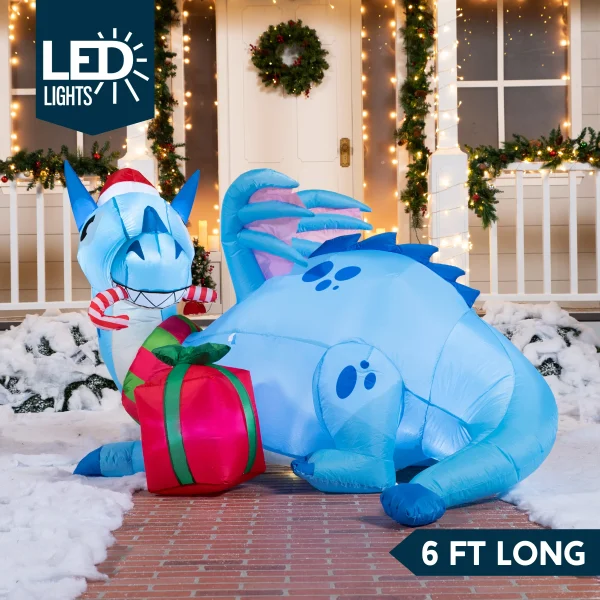 6ft LED Blue Christmas Inflatable Dragon Guarding Gift 4 6ft LED Blue Christmas Inflatable Dragon Guarding Gift - Image 2