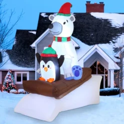 6ft Inflatable LED Polar Bear Sledding With A Penguin