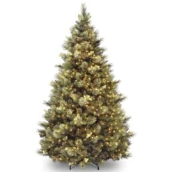 National Tree Company Pre-Lit Artificial Full Christmas Tree, Green, Carolina Pine, White Lights, Flocked With Pine Cones, Includes Stand, 7 Feet