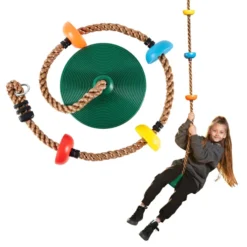 Green Climbing Rope Tree Swing With Platforms And Disc Swings Seat