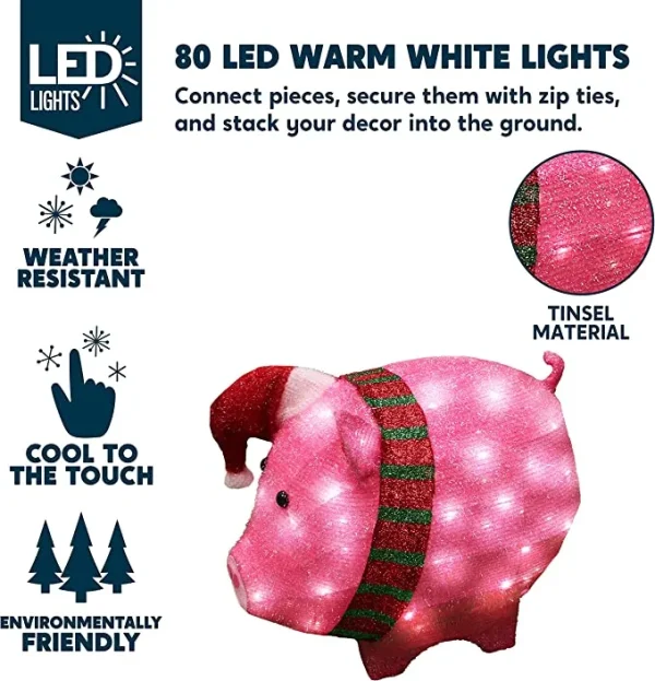 80 LED Tinsel Pig Outdoor Yard Lights 21in 4 80 LED Tinsel Pig Outdoor Yard Lights 21in - Image 2