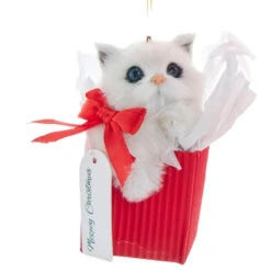 Kurt Adler White Furry Cat In Gift Box Ornament